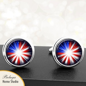 Red White Blue Patriotic American Flag Starburst Cufflinks Handmade Cuff Links