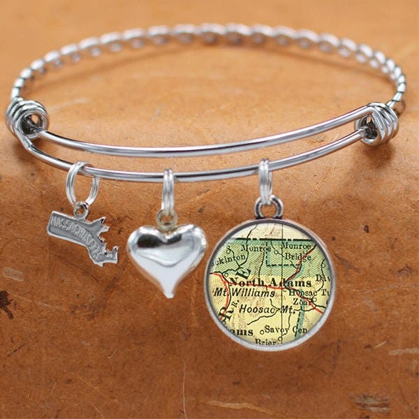 North Adams Massachusetts Map Charm Bracelet State of MA Bangle Cuff Bracelet Vintage Map Jewelry Stainless Steel Bracelet