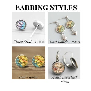 May include: Four pairs of earrings with different styles: thick stud, heart dangle, stud, and French leverback. Each earring features a round, colourful map design. The earrings are 12mm, 16mm, and 16mm in size.