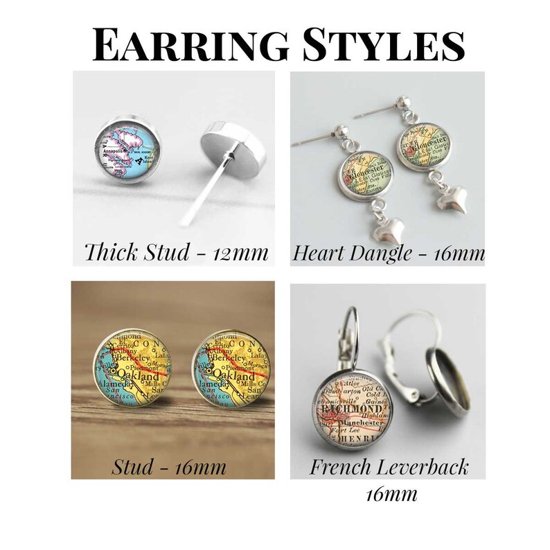 May include: Four pairs of earrings with different styles: thick stud, heart dangle, stud, and French leverback. Each earring features a round, colourful map design. The earrings are 12mm, 16mm, and 16mm in size.