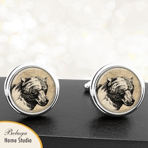 Bear Head Cufflinks on Textured Grunge Background Handmade Cuff Links