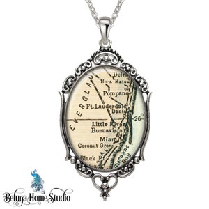Vintage Map Oval Filigree Pendant City of Ft Lauderdale Pompono Miami Coconut Grove Florida Antique Map Necklace State of FL Map Jewelry