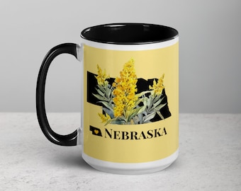 Nebraska Mug, Color Inside, NB State Flower, Goldenrod, Yellow Flowers, Coffee Cup, Drinkware, Art Mug, Map Gift, Personalization Available