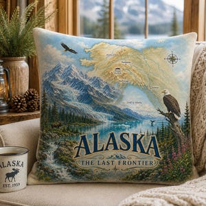 Alaska Pillow With Map Overlay, USA State Pillows, AK Scenes, Decorative Throw Pillow, Insert Included