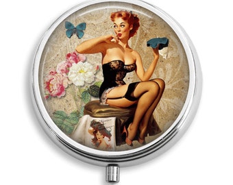 Sexy Red Head Pinup Girl Black Lingerie Pill Box Pill Case Holder Pill Container Trinket Box PillBox Vitamin Holder Medicine Box Mint Tin