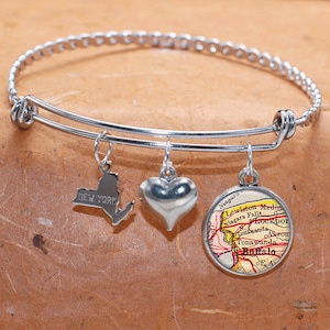 Map Bracelet Buffalo State of NY Bangle Cuff Bracelet Vintage Map Jewelry Stainless Steel Bracelet
