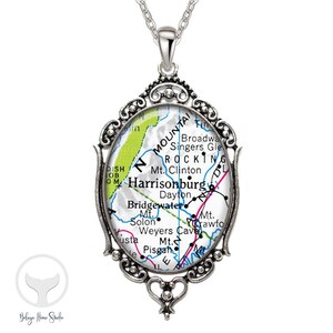 Virginia Map Necklace / Oval Filigree Pendant / City of Harrisonburg VA  /  Custom Map Pendant / Map Jewelry Gifts / Choose Your City/Town