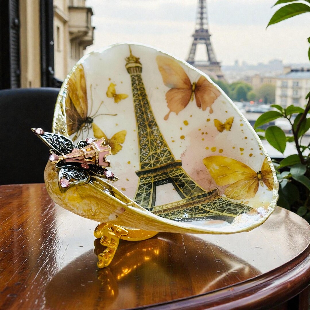 Shell Clam Tower Eiffel Tower & Butterflies Paris Theme Handmade Clam Shell Trinket Dish ...