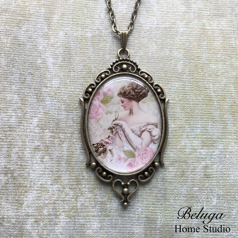 Vintage Woman With Roses and Kitten Harrison Fisher Oval Pendant Necklace Retro Style Filigree Pendant Art Pendant Photo Graphic Pendant image 2