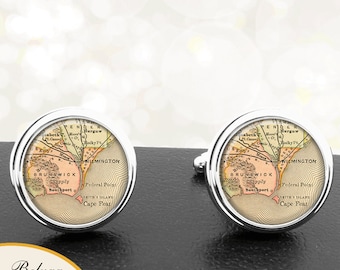 Cufflinks Cape Fear Wilmington NC Handmade Cufflinks City Maps North Carolina Groomsmen Wedding Party Fathers Dads Men