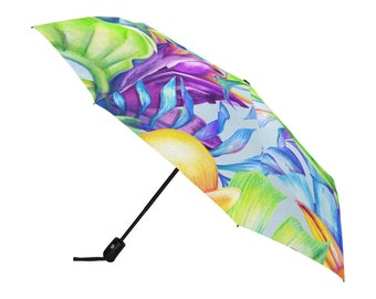 Rain Umbrella / Colorful Tropical Leaves Pattern / Anti UV Automatic Premium Umbrella / Outside or Underside Printing/ Raining in Paradise