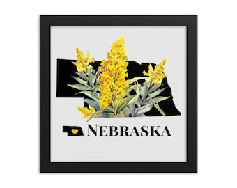 Nebraska Art Print With State Flower, Goldenrod, Framed Print, NB Map Gifts, Map Print, Home Decor, Wall Art, Wedding Gifts, Client Gift