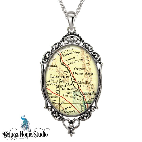 Vintage Map Necklace Oval Filigree Pendant City of Lascruce New Mexico Antique Map Pendant State of NM Map Jewelry Destination Travel