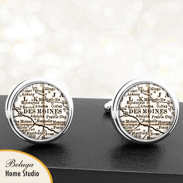 Cufflink Des Moines IO Handmade Cuff Links City State Maps Iowa Groomsmen Wedding Party Fathers Dads Men