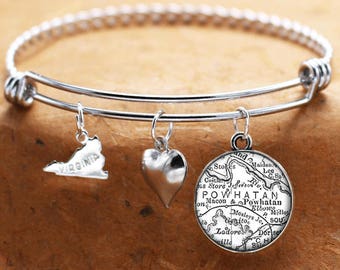 Map Charm Bracelet Powhatan Virginia Antique Map State VA Bangle Cuff Bracelet Vintage Map Jewelry Stainless Steel Bracelet