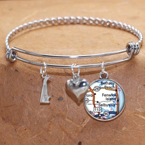Fenwick Island Selbyville carte Charm Bracelet État du Delaware de bracelet manchette Bracelet carte Vintage bijoux Bracelet en acier inoxydable