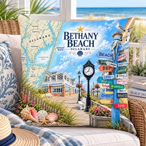 Bethany Beach, Delaware Decorative Pillow, Coastal Boardwalk & Vintage Map Design, Insert Included