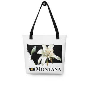 Bolso de mano pequeño del estado de Montana con flor del estado, flor botánica de Bitterroot, regalos de mapas de MT, bolsos de arte, bolsos para portátiles