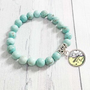 Trenton NJ / New Jersey Bracelet / Beaded Bracelet With Map Charm / Turquoise or Tiger Eye Natural Stones / Your City State Map Jewelry