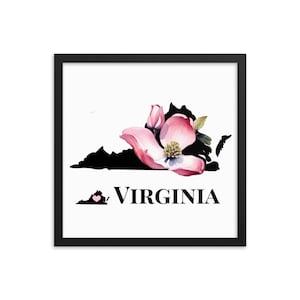 Virginia Art Print With State Flower, Dogwood Blossoms, Framed Print, Personalized VA Map Gifts, Custom Home Decor, Wedding Gifts