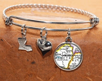 Louisiana Map Bracelet / Monroe LA / Map Charm Bracelet / Vintage Map Jewelry / Map Gifts /  Bridesmaid Birthday Graduation