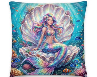 Irisierende Regenbogen Meerjungfrau in der Schale Dekokissen, Sofa, Stuhl Akzent, Wohnkultur, inklusive Einsatz, nautisch, küstennah, Muschel