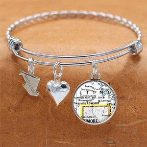 Maryland Map Bracelet / Towson MD / Charm Bracelet / Vintage Map Jewelry / Bridesmaid Birthday Graduation Gifts For Her