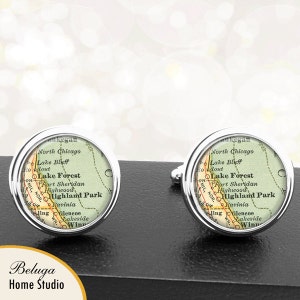 Map Cufflinks Illinois Lake Forest Highland Park Handmade Cuff Links City State Maps IL Groomsmen Wedding Fathers Dads Men Gifts For Him