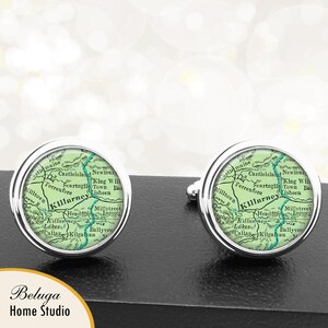 Kaart Manchetknopen Killarney Ierland handgemaakte Cuff Links Ierse stad kaarten Groomsmen bruiloften vaders vaders