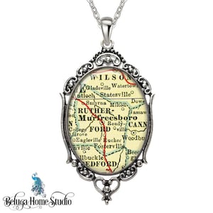 Vintage Map Necklace Oval Filigree Pendant City of Murfreesboro TN State of Tennessee United States Antique Map Pendant