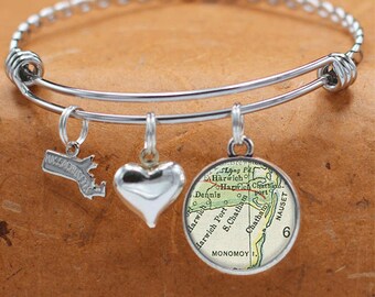 Chatham Cape Cod Massachusetts Mapa Encanto Pulsera Estado de MA Brazalete Brazalete Vintage Mapa Joyería Pulsera de Acero Inoxidable