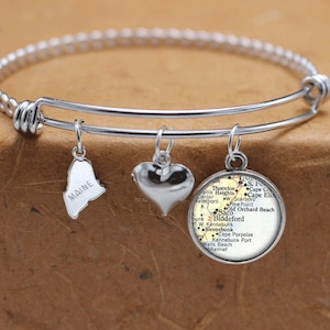 Biddeford Maine Map Charm Bracelet State of ME Bangle Cuff Bracelet Vintage Map Jewelry Stainless Steel Bracelet