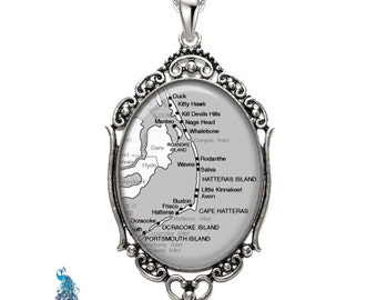 Map Pendant Oval Filigree City Outer Banks Hatteras Duck Kitty Hawk North Carolina Map Necklace State of NC Map Jewelry Destination Travel
