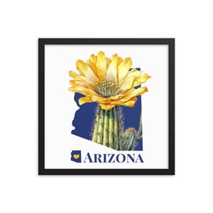 Bundesstaat Arizona Kunstdruck mit Zustand Blume, Saguaro Kaktus Blüte, gerahmter Druck, AZ Karte Geschenke, Wohndekor, Hochzeitsgeschenke