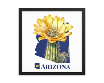 Impression d'art État de l'Arizona avec fleur de l'État, floraison de cactus Saguaro, impression encadrée, cadeaux carte de A à Z, décoration d'intérieur, cadeaux de mariage