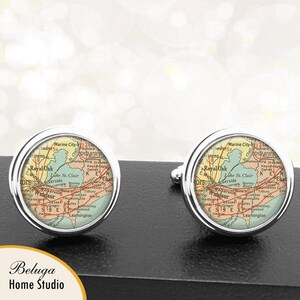 Kaart Manchetknopen Lake St. Claire Windsor Canada provincie Ontario handgemaakte Cuff Links Canadese stad kaarten Groomsmen bruiloften vaders vaders