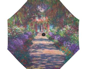 Rain Umbrella / Famous Artists Claude Monet / Pathway To Monets Garden / Anti UV Automatic Premium Umbrella / Outside or Underside Printing