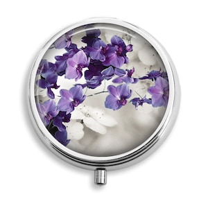 Pill Box, Dreamy Flowers, Purple White, Pill Holder Pill Container Trinket Box PillBox Vitamin Holder Medicine Box Mint Tin, Gifts For Her