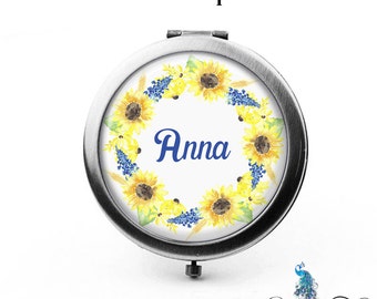 Personnalisé Compact Miroir Aquarelle Style Tournesols Fleur Couronne De fleurs Les cadeaux Anna Bridesmaid Cosmétique Miroir Cadeaux pour son miroir sac à main