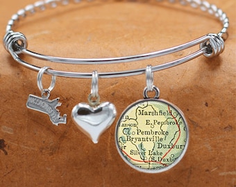 Massachusetts Map Bracelet / Pembroke MA / Map Charm Bracelet / Vintage Map Jewelry and Gifts / Bridesmaid Friends Graduation Gifts For Her