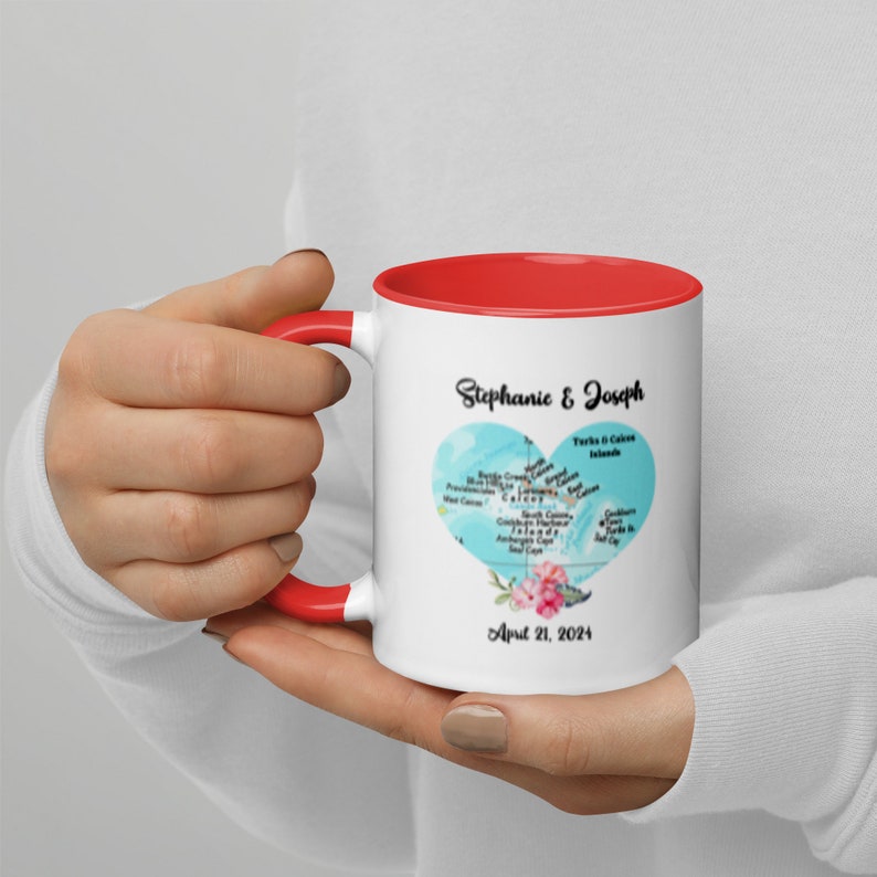 Personalized Map Heart Mug with Color Inside, Tropical Island, Turks and Caicos, Honeymoon Destination, Unique Wedding Gift, Anniversary