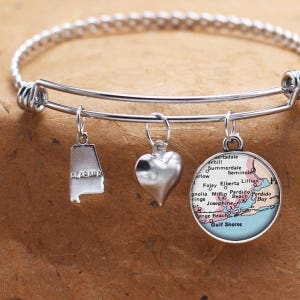 Gulf Shores Perdido Beach Alabama Mapa Encanto Pulsera Estado de AL Brazalete Brazalete Vintage Mapa Joyería Pulsera de Acero Inoxidable