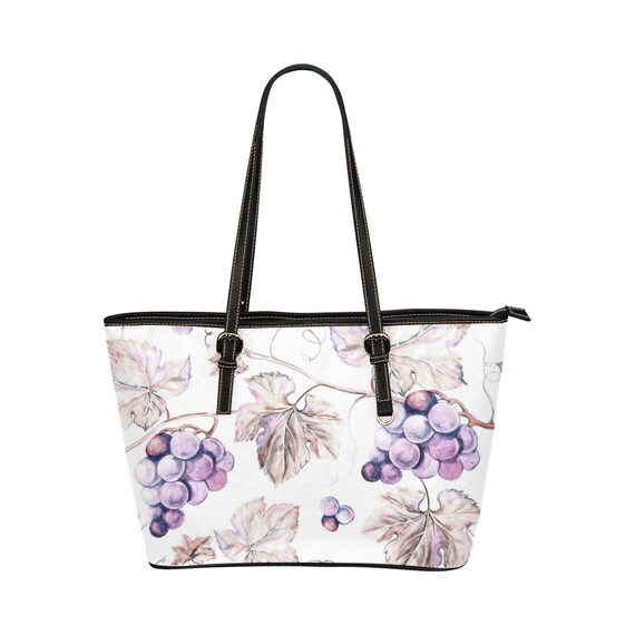 Leather Tote Bag, Grapevines, Purple Grapes, Shoulder Bag, Work