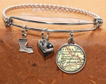 Louisiana Map Bracelet / Thibodeaux LA / Custom Map Charm Bracelet / Vintage Map Jewelry / Map Gifts /  Bridesmaid Birthday Graduation