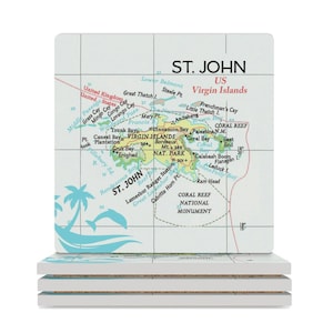 St. Johns Island Map Coasters / Map Gifts / Ceramic Square Coasters / Wanderlust / West Indies / Travel Gifts / Drink Coasters