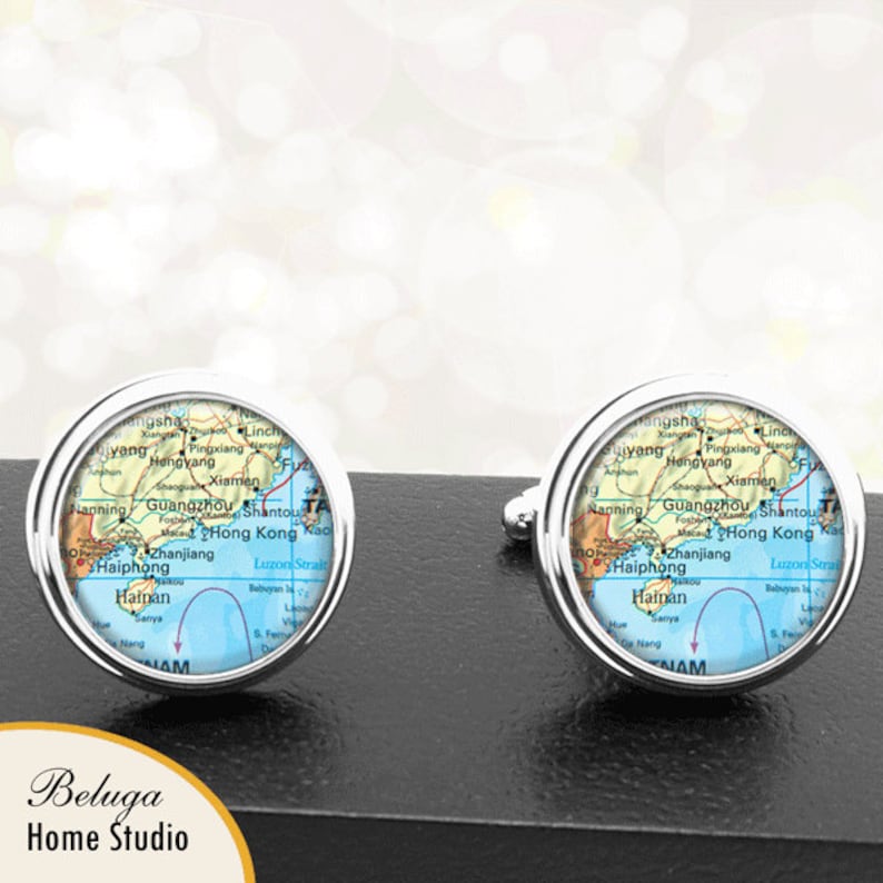 Map Cufflinks Hong Kong Xiamen Guangzhou Shantou ZhanjiangCuff Links Asian Country Countries for Groomsmen Wedding Party Fathers Dads Men