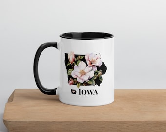 Iowa Mug, Color Inside, IO State Flower, Wild Roses, Coffee Cup, Drinkware, Art Mug, IO Map Gift, Personalization Available