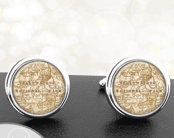 Map Cufflinks Yellowstone National Park WY Cuff Links State of Wyoming for Groomsmen Wedding Party Fathers Dads Men