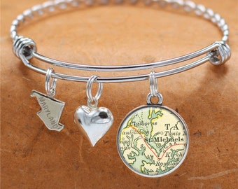 Maryland Map Bracelet / St Michaels MD / Charm Bracelet / Vintage Map Jewelry / Bridesmaid Birthday Graduation Gifts For Her