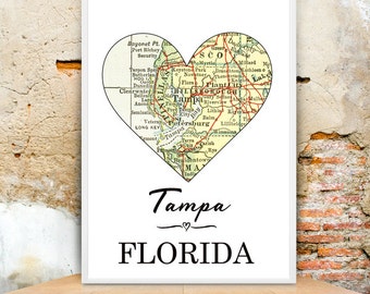 Custom Heart Map Art Print Tampa Florida - Choose Any City in Florida